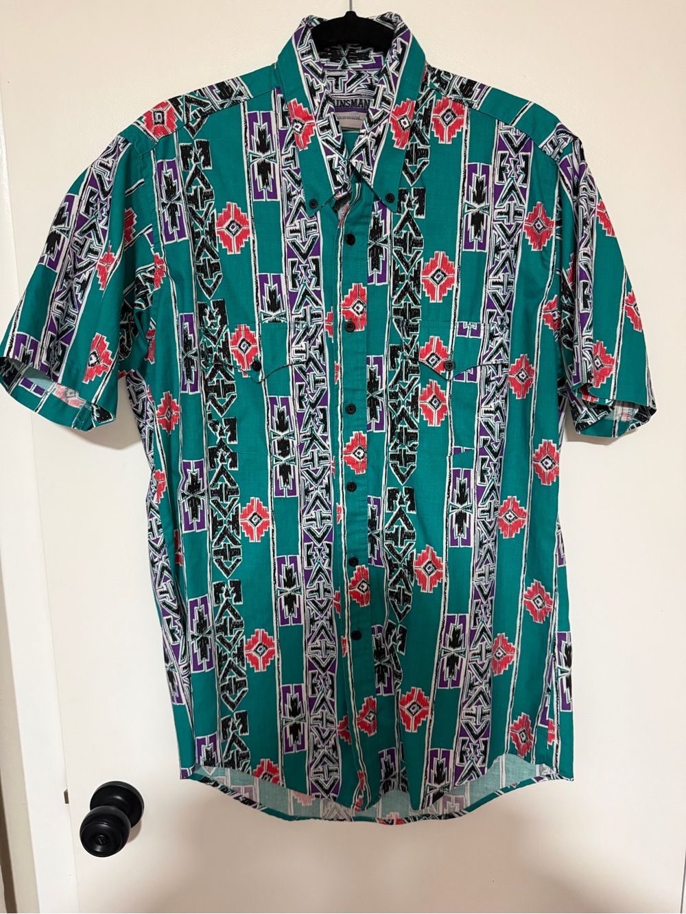Men's Teal Geometric Short-Sleeve Button-Down Shirt